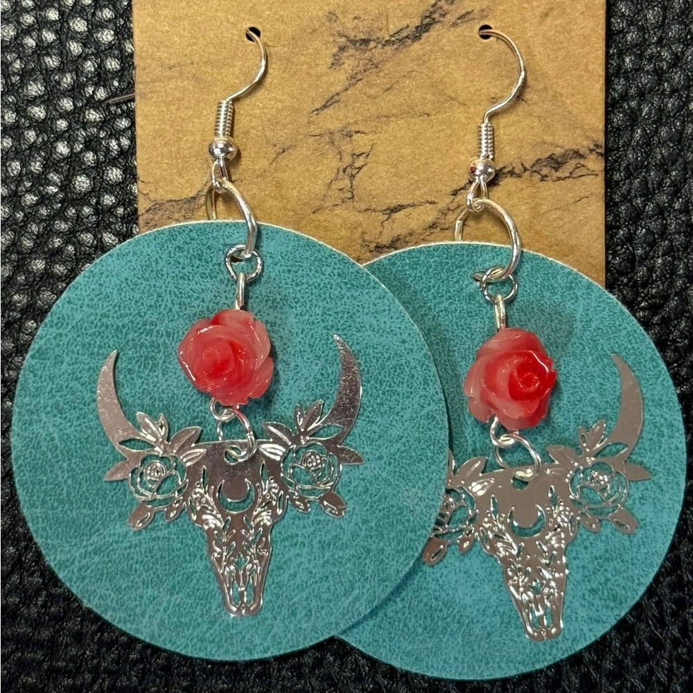 Silver Bull Skull With Pink Rose Earrings